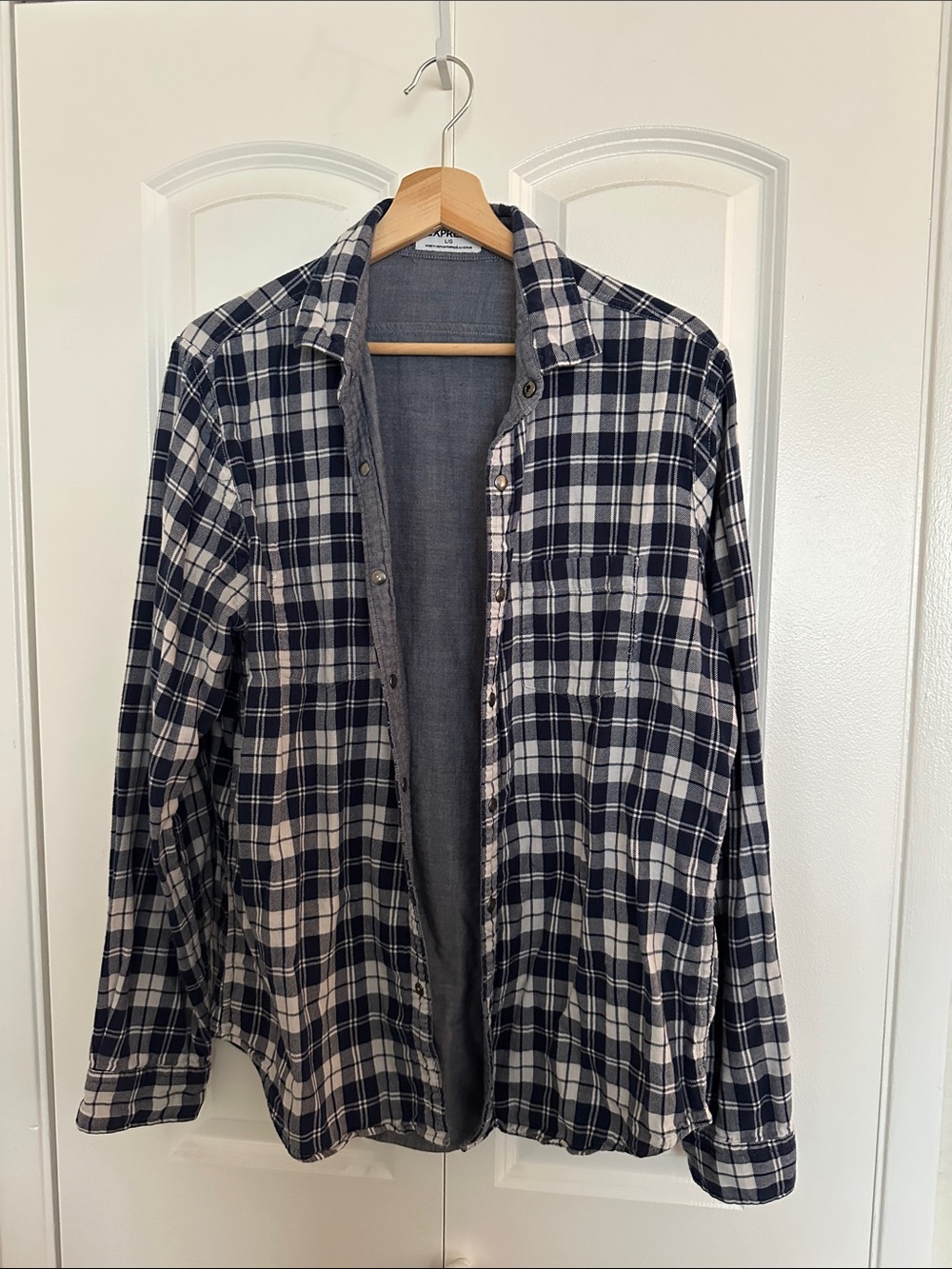 Express Men's Navy and White Plaid Reversible Button-Down Shirt